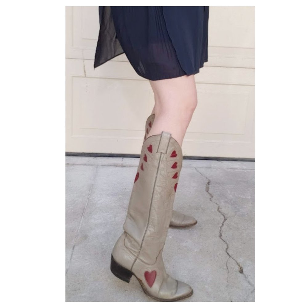 Vintage RARE Extra Tall Grey Justin Cowboy Boots with Red Heart Inlays - Picture 1 of 8